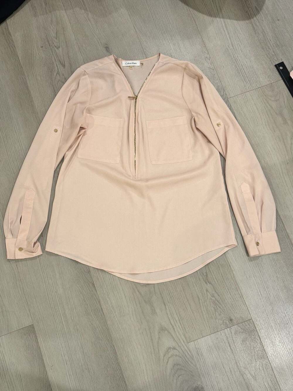 Calvin Klein Blouse Size XS Pink Zip Front Long Sleeve